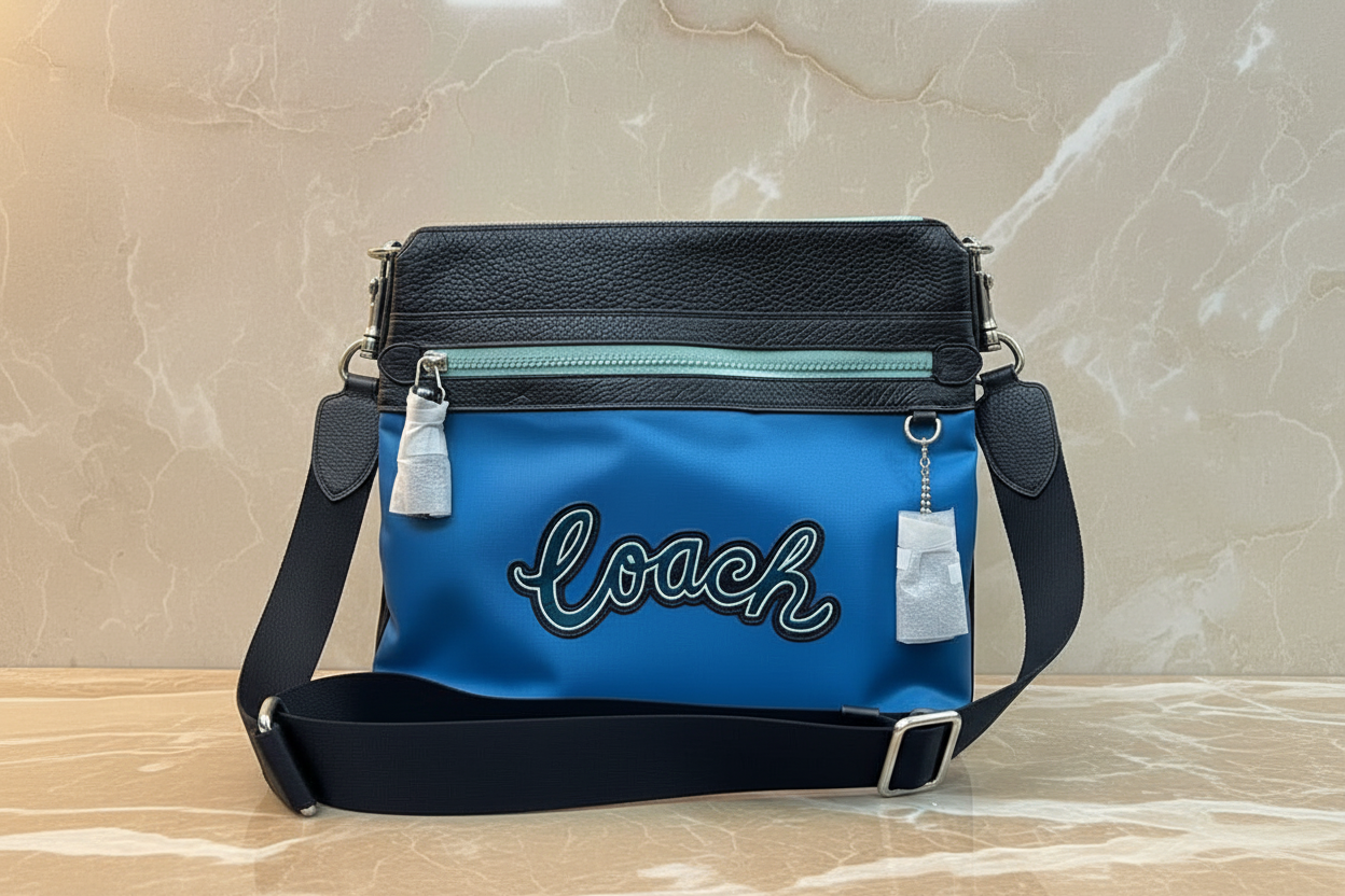 COACH VALE FILE CROSSBODY - NYLON/PEBBLE LEATHER CERULEAN MULTI COLOR