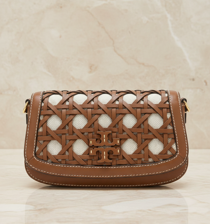 TORY BURCH BRITTEN  BASKET WEAVE CONVERTIBLE CRISSBODY/SHOULDER BAG - MOOSE COLOR