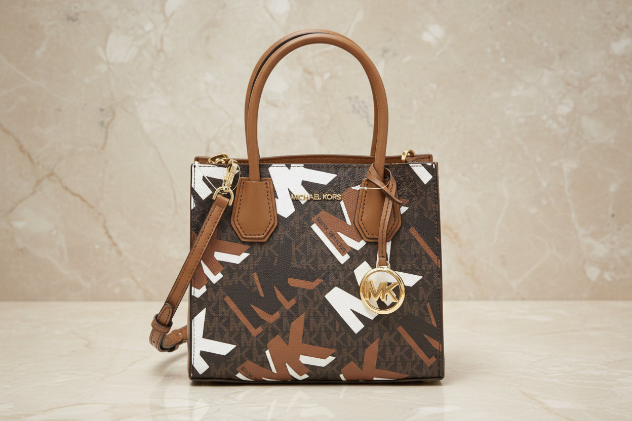 MICHAEL KORS MERCER MEDIUM MESSENGER BAG - LUGGAGE MULTI GRAPHIC LOGO