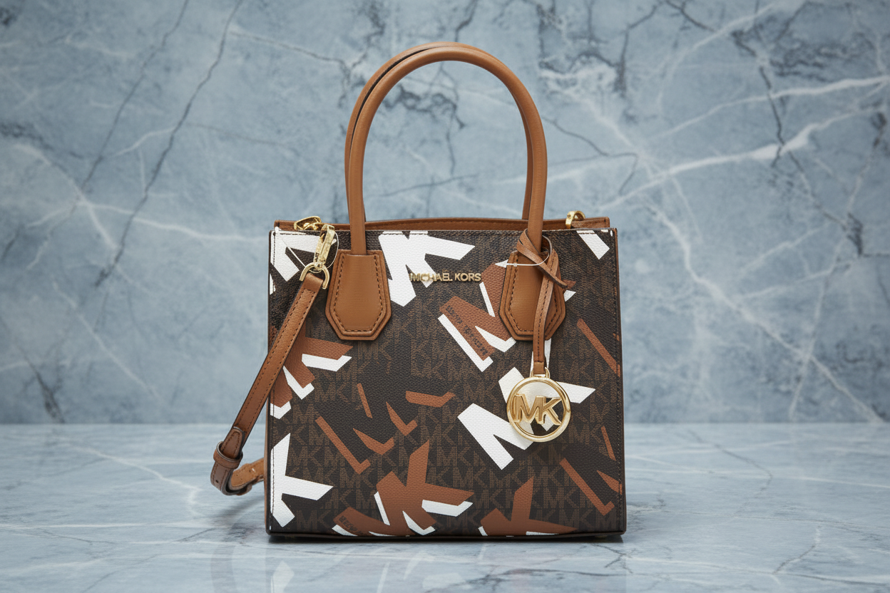 MICHAEL KORS MERCER MEDIUM MESSENGER BAG - LUGGAGE MULTI GRAPHIC LOGO