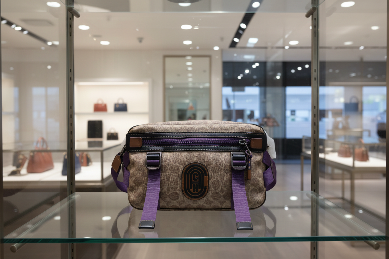 حقيبة خصر/حقيبة جسم محدودة الإصدار مطبوعة بشعار كوتش، مصنوعة من قماش الكانفاس البني المميز.