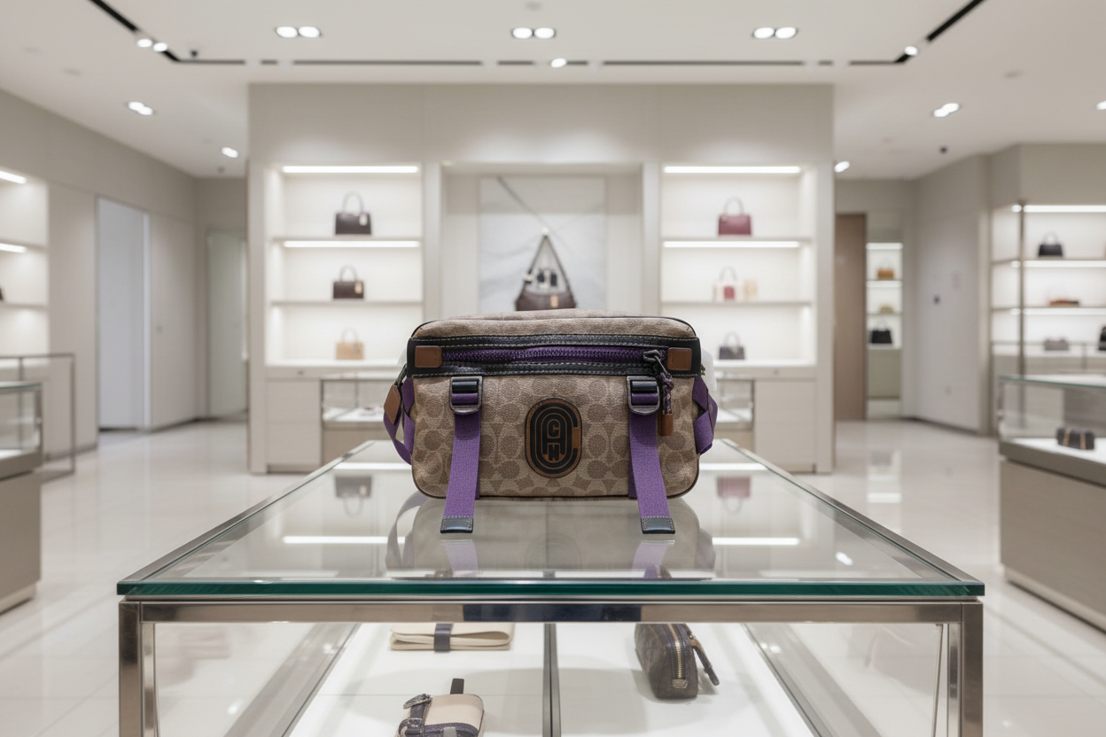 حقيبة خصر/حقيبة جسم محدودة الإصدار مطبوعة بشعار كوتش، مصنوعة من قماش الكانفاس البني المميز.