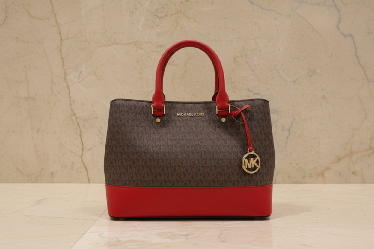 MICHAEL KORS SAVANNAH LARGE SATCHEL IN SIGNATURE BROWN/RED - SCARLET