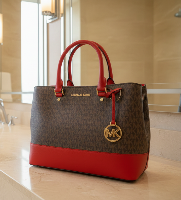 MICHAEL KORS SAVANNAH LARGE SATCHEL IN SIGNATURE BROWN/RED - SCARLET