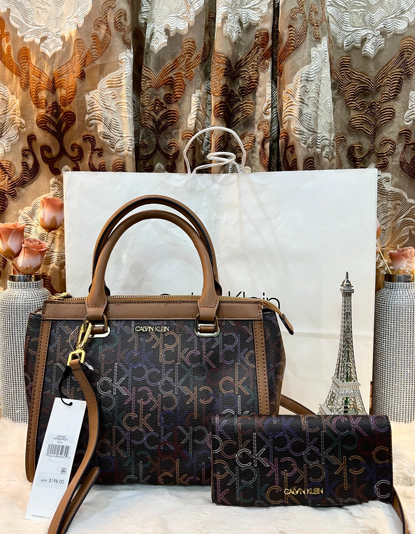 CALVIN KLEIN BUNDLE BAG & LONG WALLET JANAE SATCHEL CROSSBODY BAG IN SIGNATURE BROWN