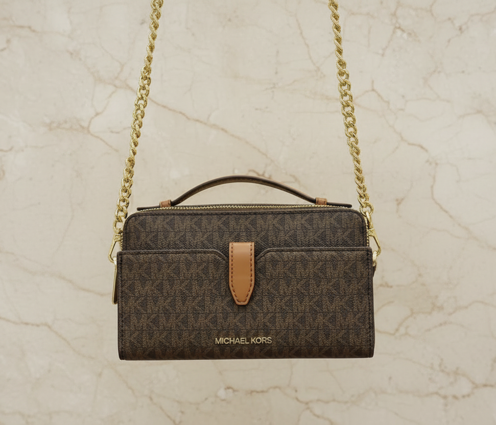 MICHAEL KORS JET SET ITEM DOUBLE ZIP SMARTPHONE CROSSBODY - SIGNATURE BROWN