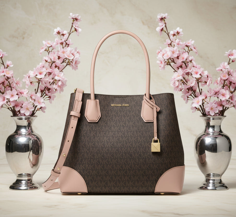 MICHAEL KORS MERCER GALLERY MEDIUM LOGO SATCHEL BAG - BROWN/SOFT PINK