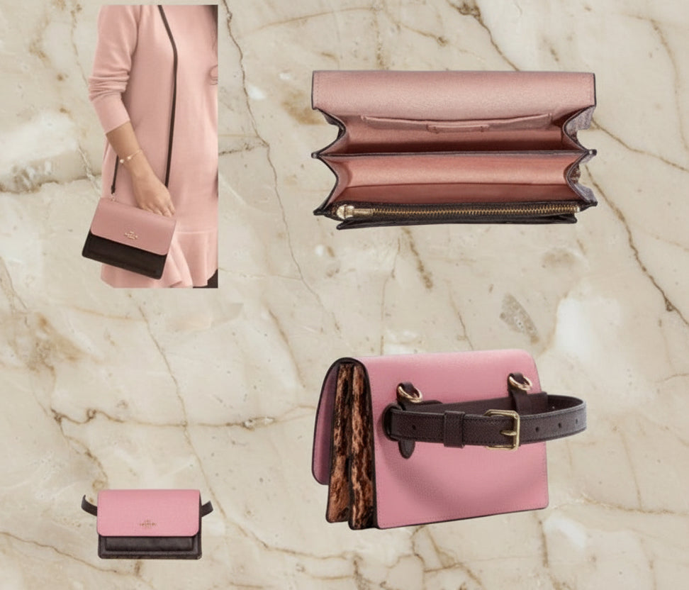 حقيبة كوتش قابلة للطي 3 في 1، حقيبة خصر/حقيبة كروس/حقيبة بودي - لون وردي فاتح، بنقشة جلد الثعبان المميزة