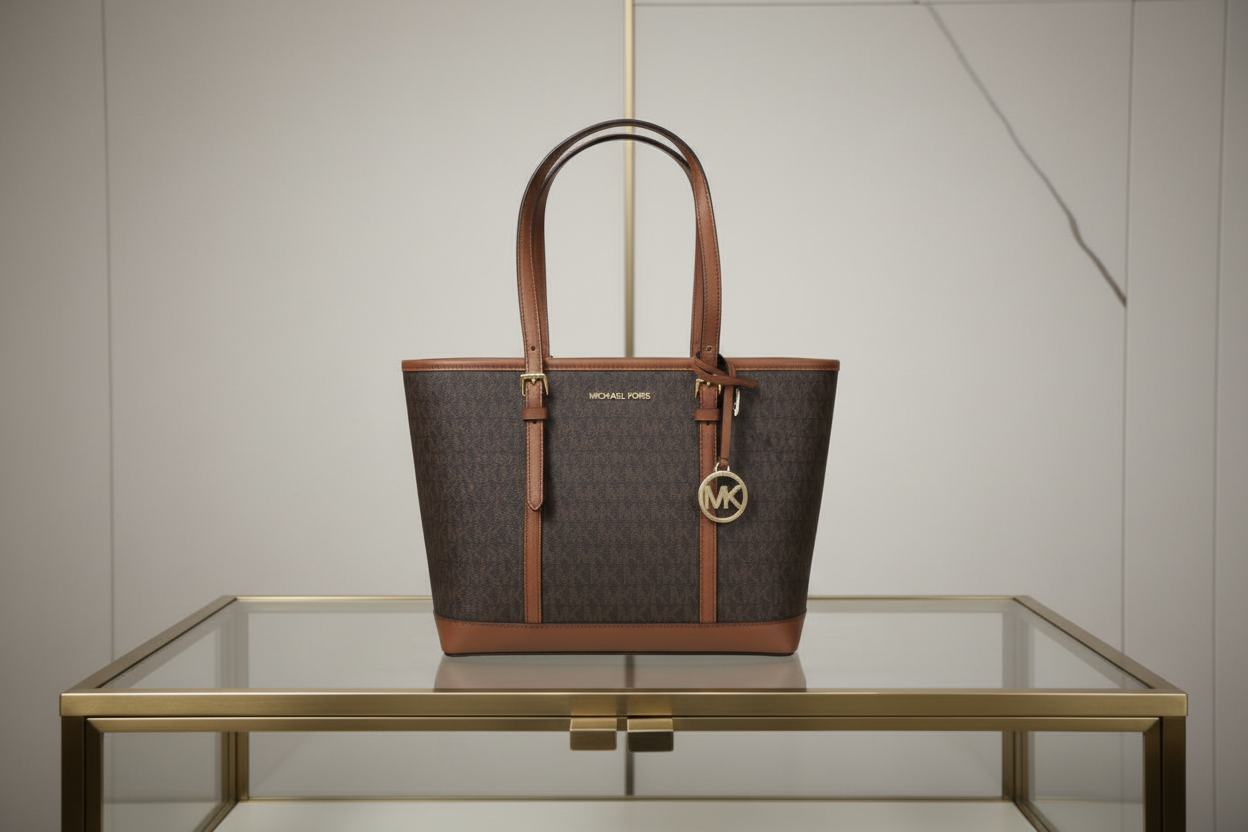 MICHAEL KORS JET SET TRAVEL ZIP TOTE IN SIGNATURE LOGO BROWN - MEDIUM