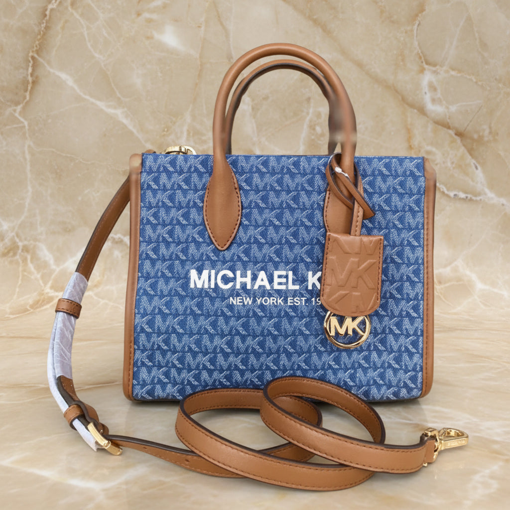 MICHAEL KORS MIRELLA SMALL SHOPPER TOP ZIP CROSSBODY BAG - DENIM MULTI LOGO
