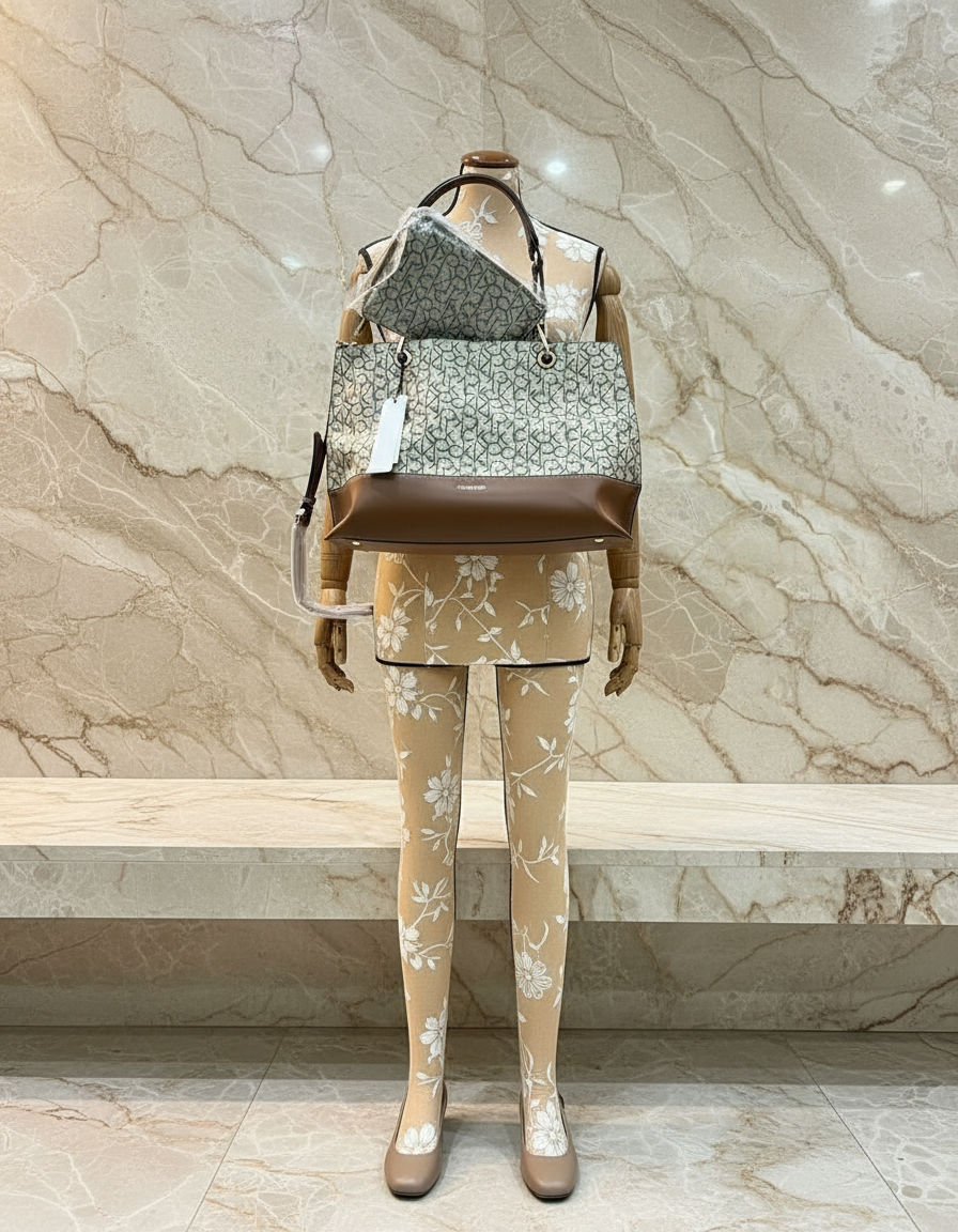 CALVIN KLEIN TOTE IN SIGNATURE LOGO BEIGE/BROWN- XL OPEN WITH LARGE ZIP POUCH & LONG STRAP