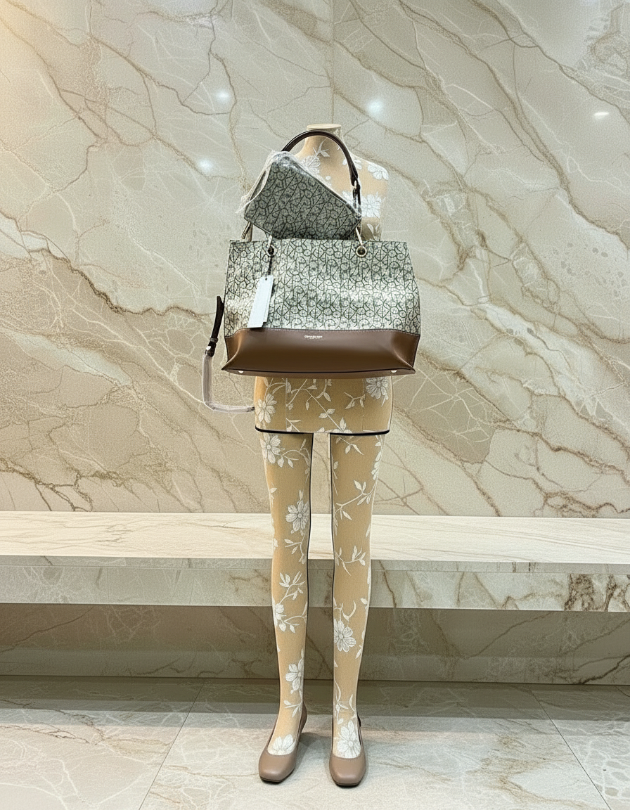 CALVIN KLEIN TOTE IN SIGNATURE LOGO BEIGE/BROWN- XL OPEN WITH LARGE ZIP POUCH & LONG STRAP