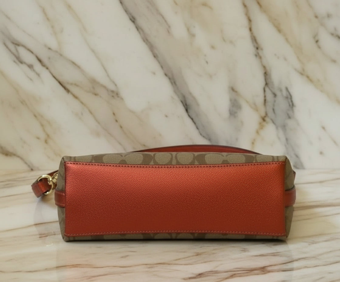 COACH BUNDLE LEWIS SHOULDER BAG/CROSSBODY BAG & ZIP AROUND WRISLET WALLET IN SIGNATURE CANVAS METTALIC CLAY LINING