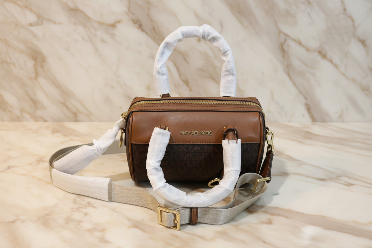 MICHAEL KORS XS TRAVEL DUFFLE CROSSBODY IN SIGNATURE BROWN