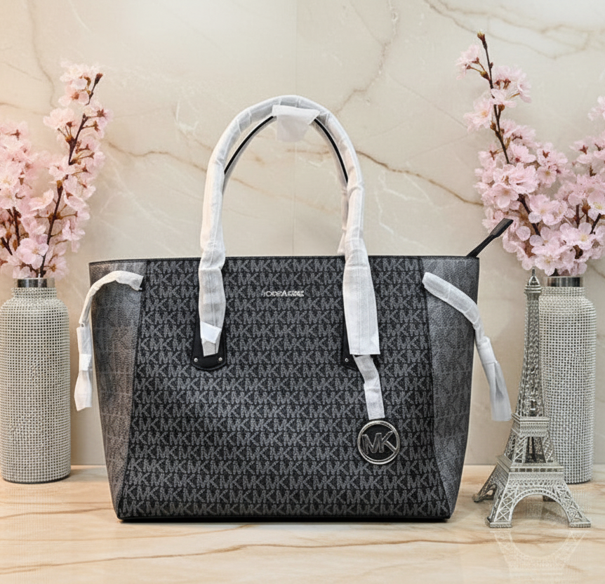 MICHAEL KORS VOYAGER 2 TONE METALLIC LOGO TOTE - MEDIUM