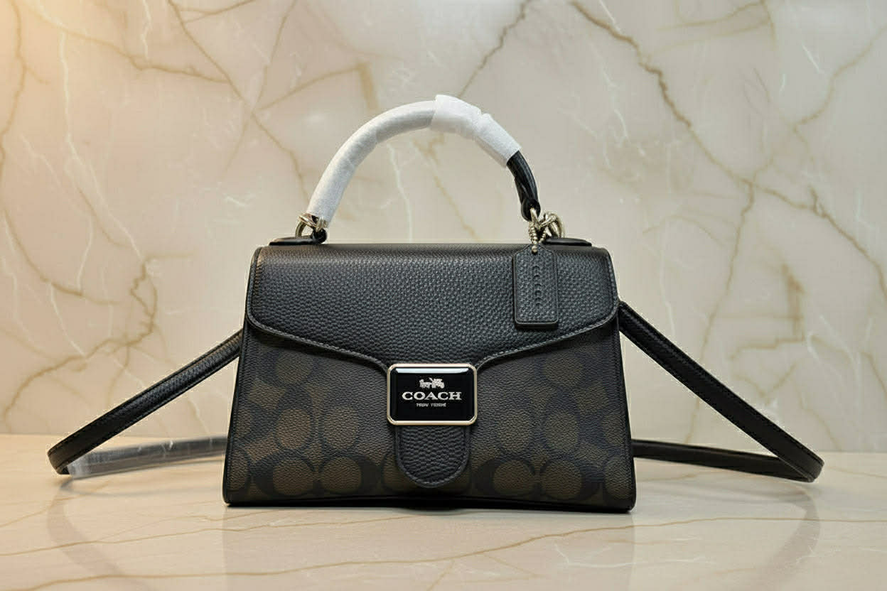COACH SMALL PEPPER SATCHEL TOP HANDLE IN SIGNATURE BROWN BLACK