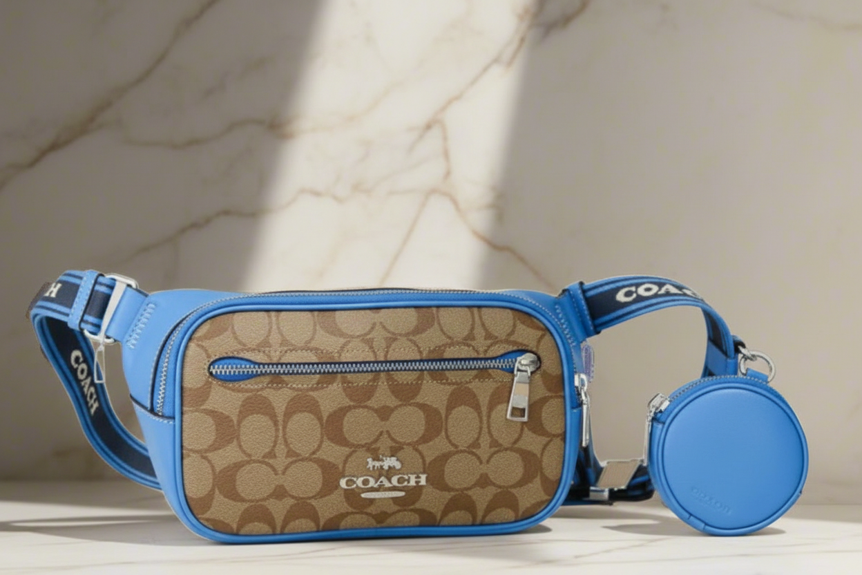 حقيبة خصر/حقيبة صدر/حقيبة جسم من كوتش إلياس، مصنوعة من قماش مميز بألوان متداخلة - كاكي/أزرق سباق