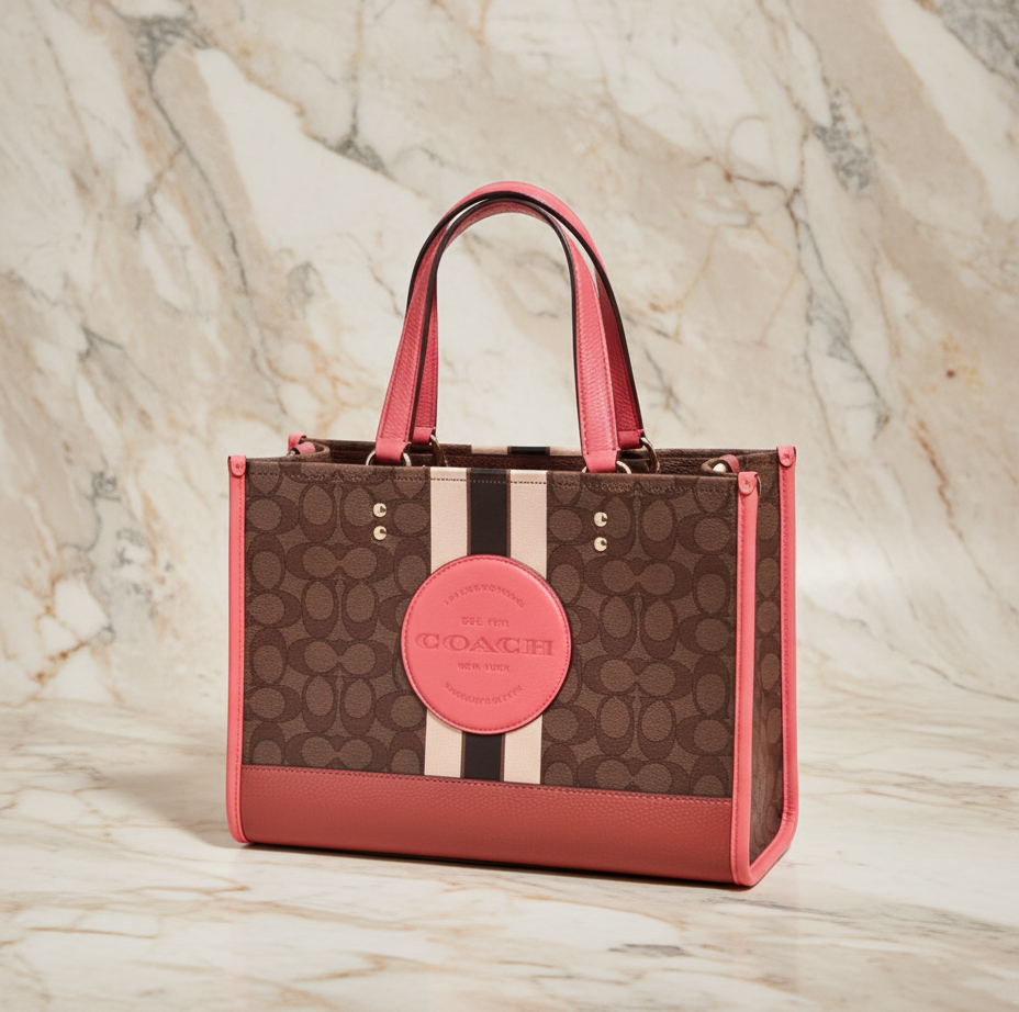 COACH DEMPSEY TOTE CARRYALL MEDIUM IN SIGNATURE JACQUARD CANVAS CENTER STRIPE STRAWBERRY HAZE