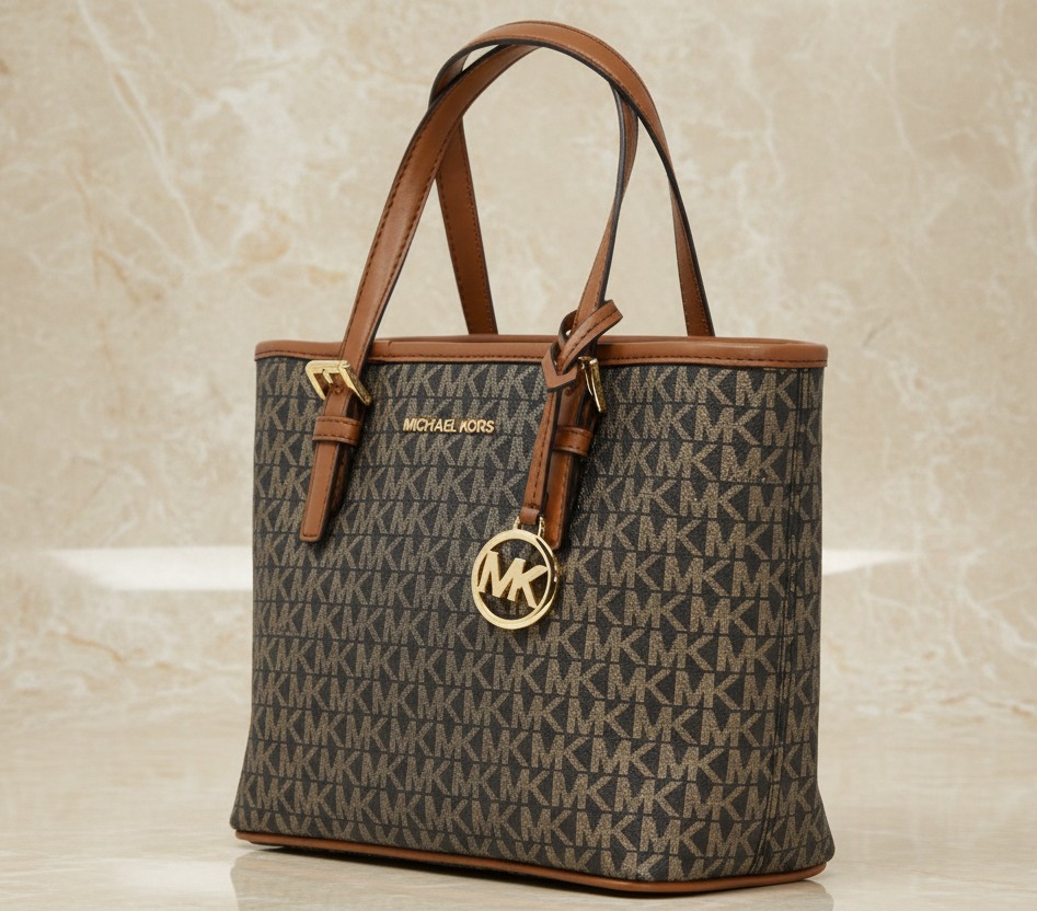 MICHAEL KORS XS JET SET CARRYALL TRAVEL ZIP TOTE - BLACK - BROWN MULTI WITH A TOUCH OF METTALIC GOLD