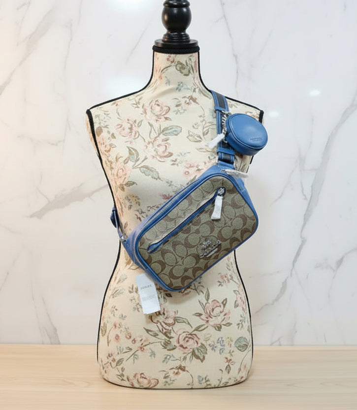 حقيبة خصر/حقيبة صدر/حقيبة جسم من كوتش إلياس، مصنوعة من قماش مميز بألوان متداخلة - كاكي/أزرق سباق