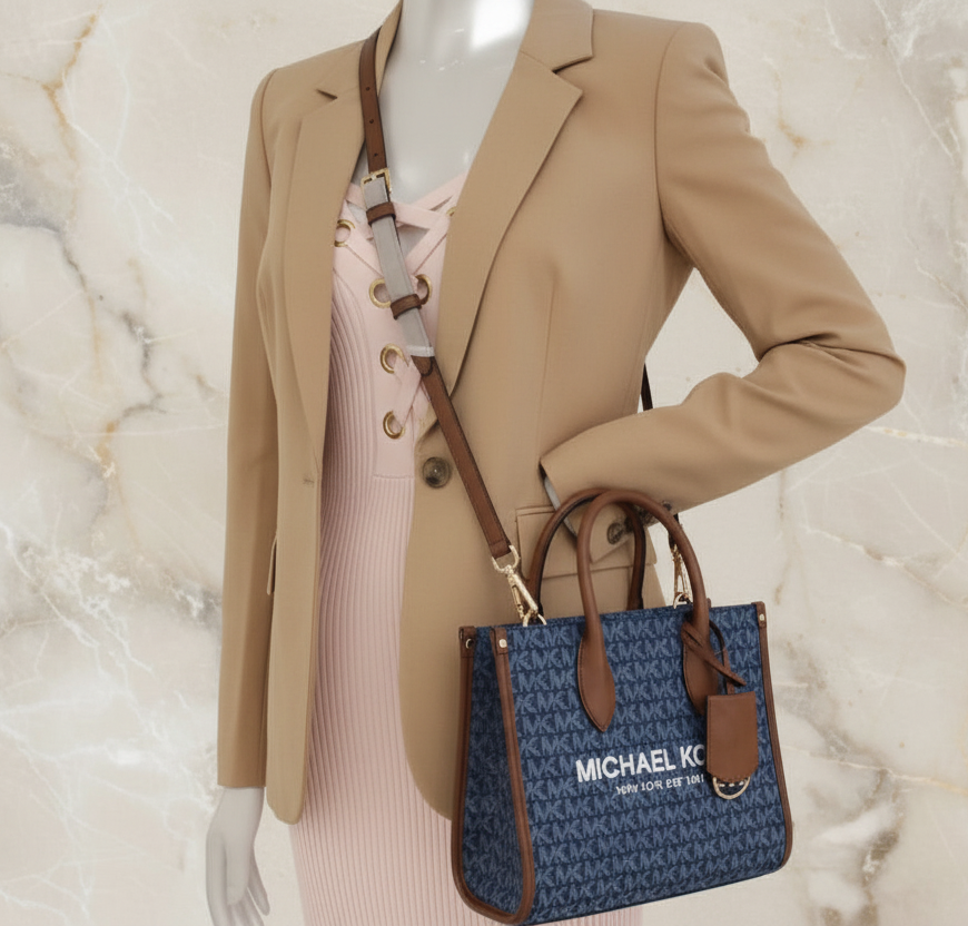 MICHAEL KORS MIRELLA SMALL SHOPPER TOP ZIP CROSSBODY BAG - DENIM MULTI LOGO