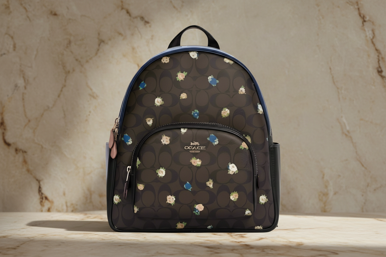 حقيبة ظهر متوسطة الحجم من كوتش كورت مصنوعة من قماش مميز بنقشة ورود صغيرة عتيقة