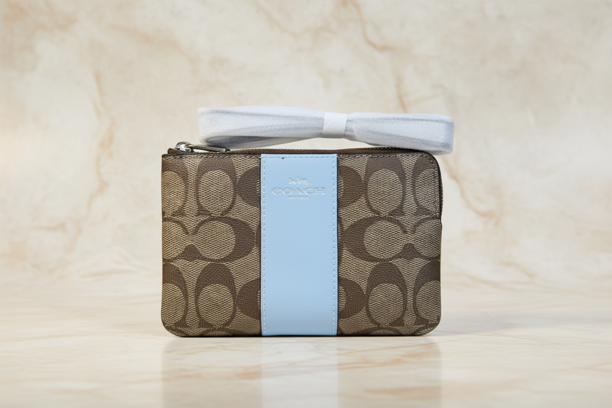 COACH SMALL CORNER SINGLE ZIP WRISTLET - SIGNATURE KHAKI/WATERFALL LIGHT BLUE
