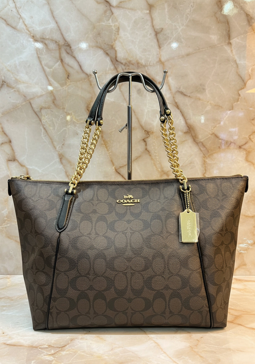 COACH AVA LARGE ZIP TOP TOTE IN SIGNATURE BLACK BROWN