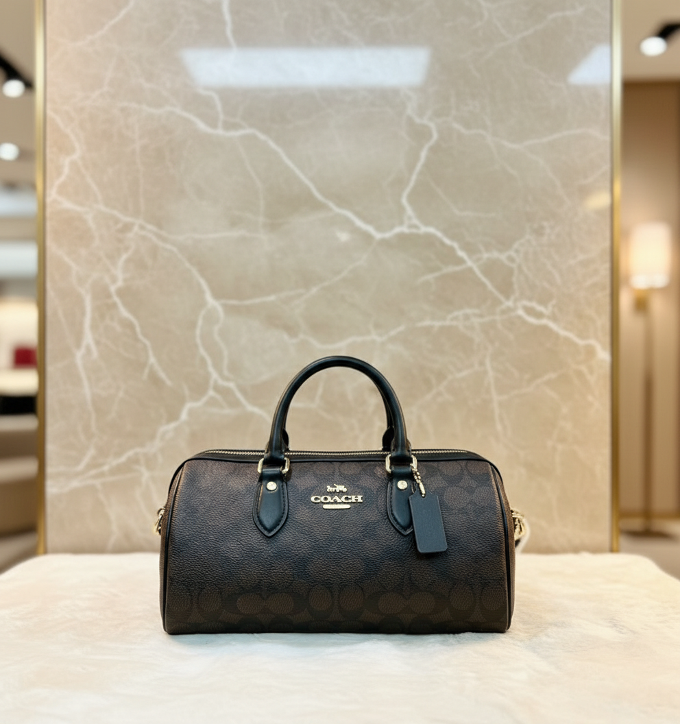 حقيبة كوتش متوسطة الحجم طويلة من قماش الروان - لون الجوز الأسود