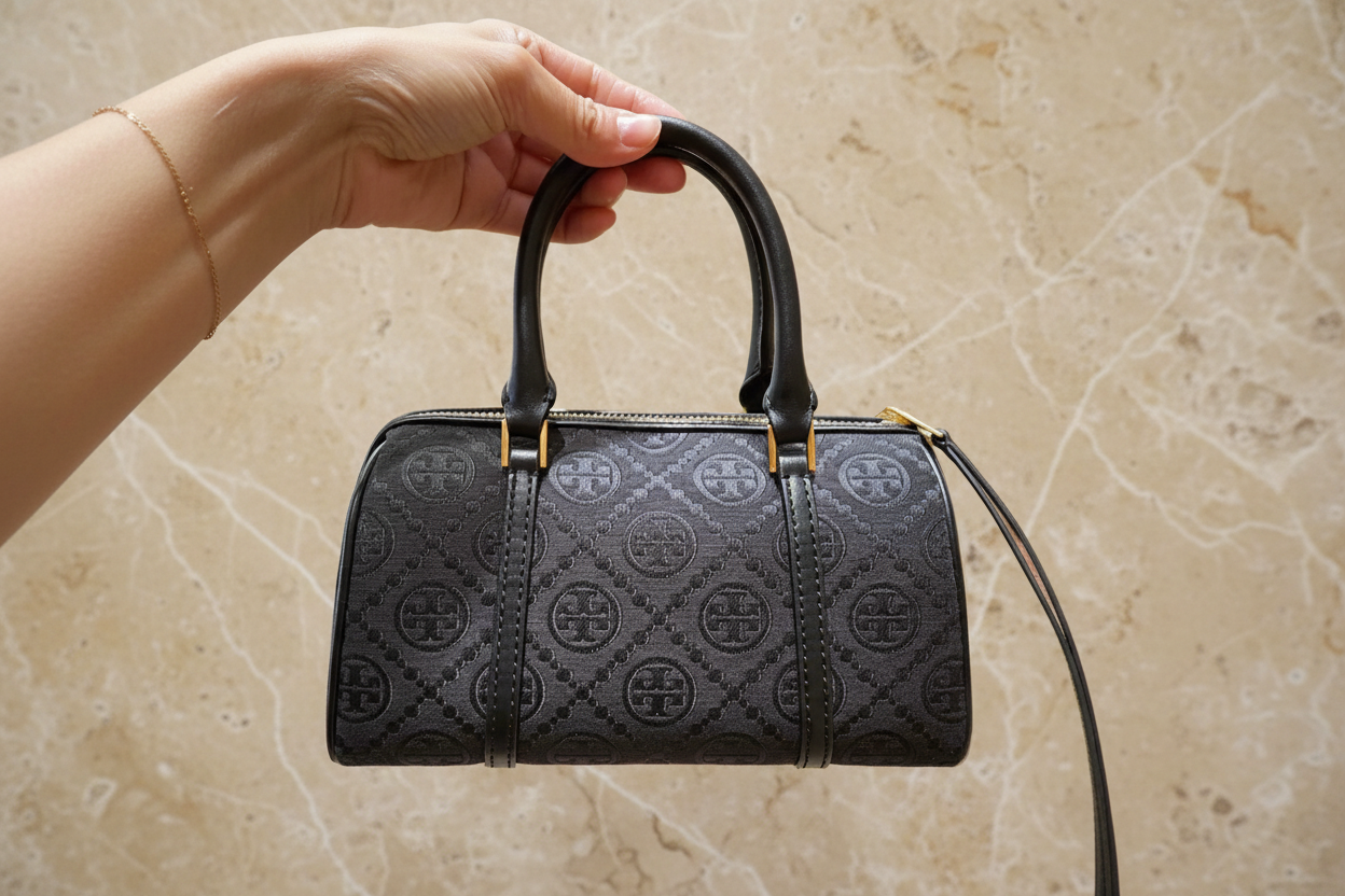 TORY BURCH PETITE JACQUARD T MONOGRAM BARREL - BLACK