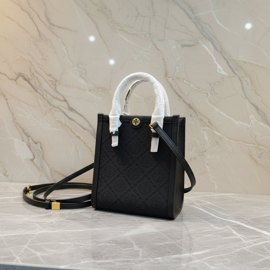 TORY BURCH MINI JACQUARD T MONOGRAM TOTE BLACK