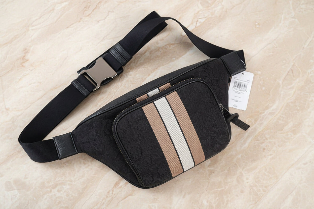 COACH THOMPSON JACQUARD WAISTPACK/BODY BAG WITH VARSITY STRIPE