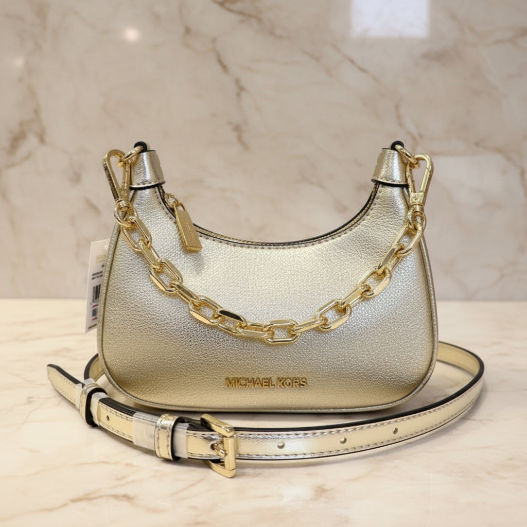 MICHAEL KORS MINI CORA CHAIN SHOULDER BAG/CROSBODY BAG - METTALIC PEBBLE GOLD