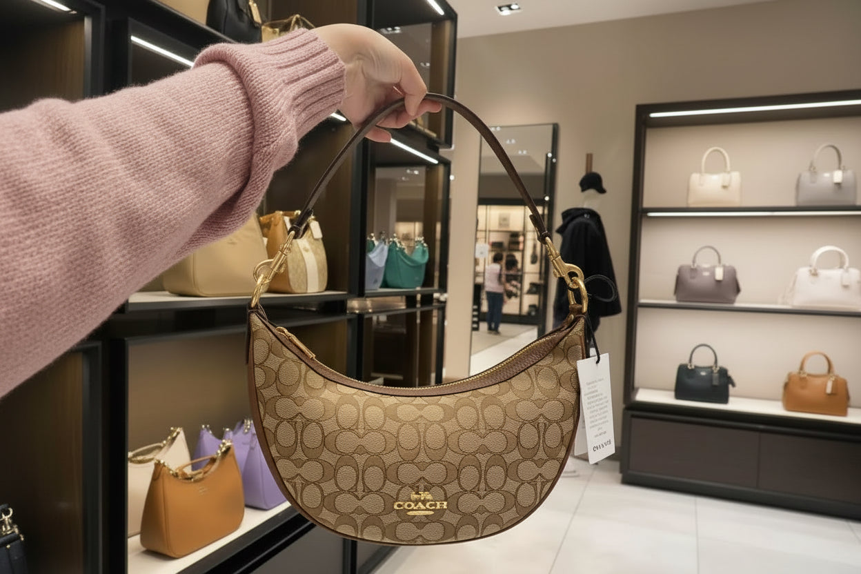 حقيبة كتف/حقيبة كروس بودي من كوتش آريا بنقشة جاكار مميزة باللون الكاكي