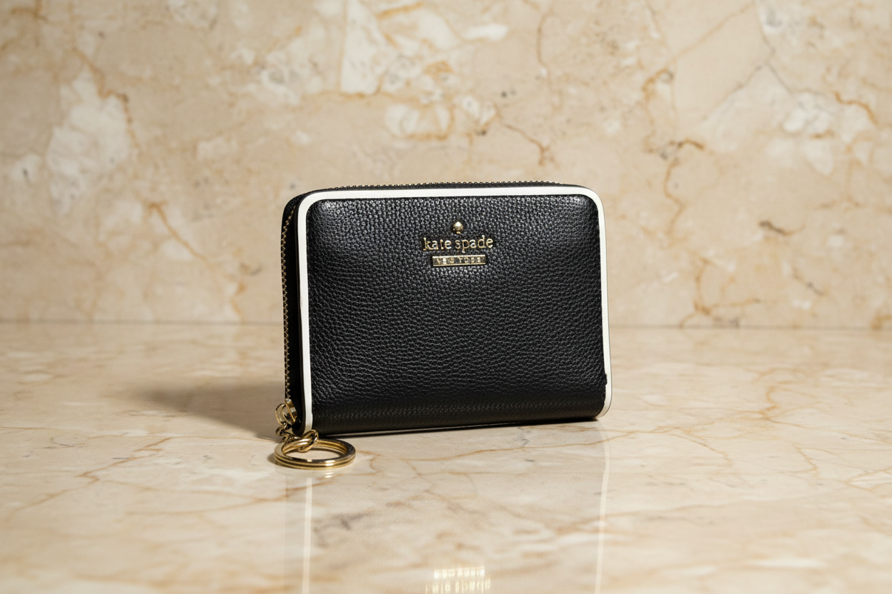 Kate Spade Wallet Black Pebbled & White Trim Key Chain Dani Patterson Drive