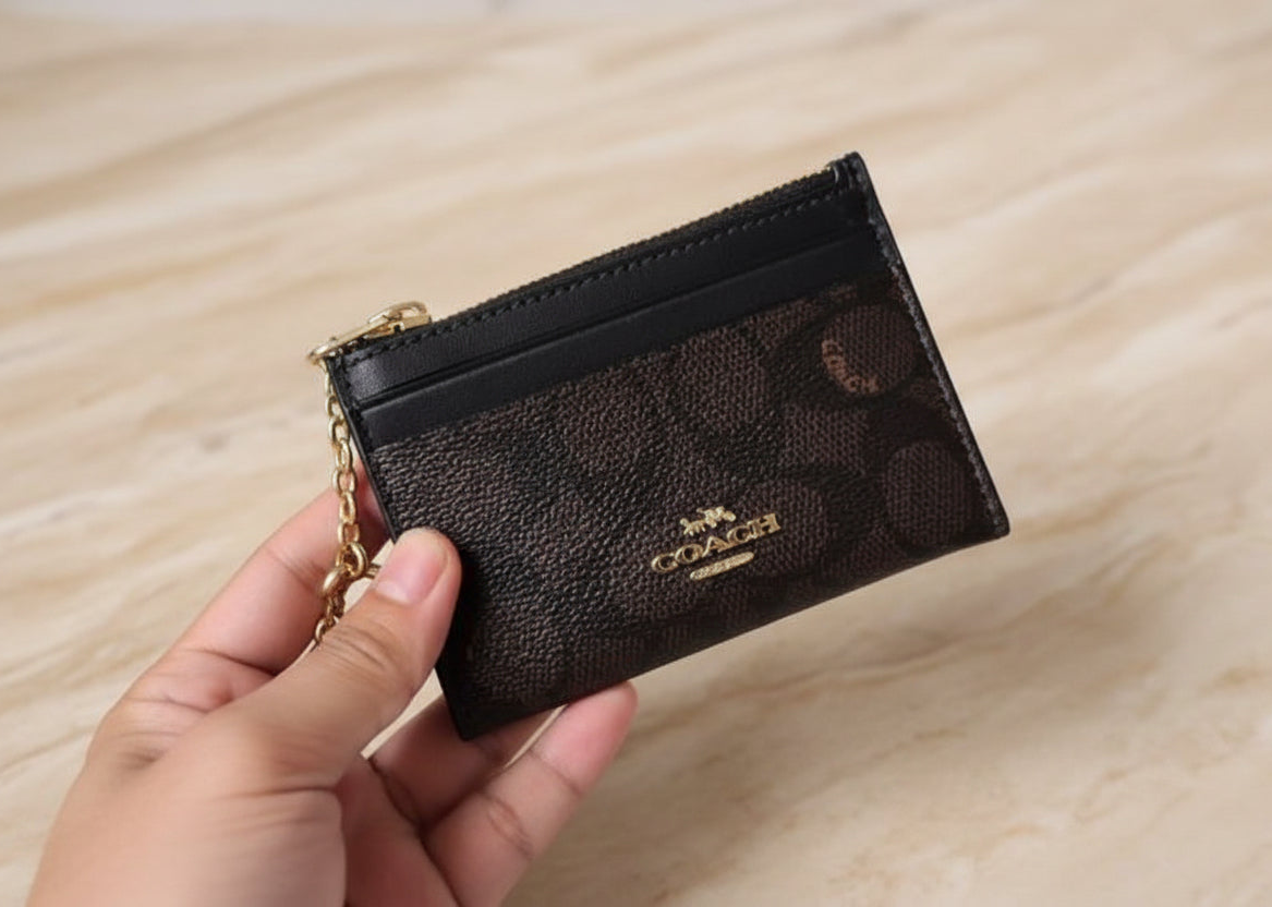 COACH SKINNY CARD CASE WITH KEY RING - SIGNATURE BROWN BLACK