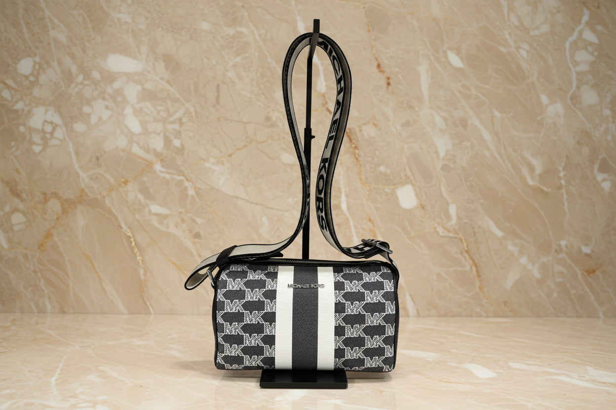 MICHAEL KORS COOPER MINI DUFFLE CROSSBODY IN SIGNATURE CANVAS STRIPE NWT BLACK MULTI