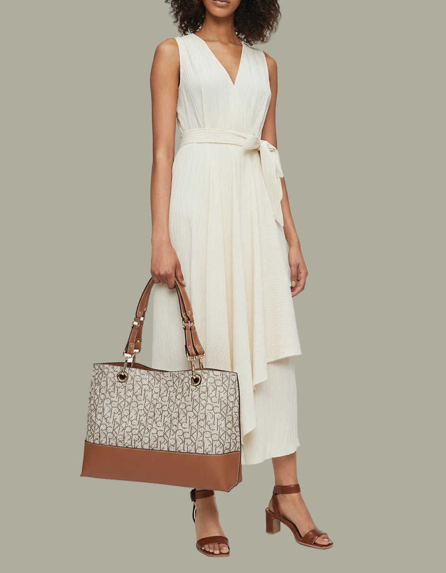 CALVIN KLEIN TOTE IN SIGNATURE LOGO BEIGE/BROWN- XL OPEN WITH LARGE ZIP POUCH & LONG STRAP