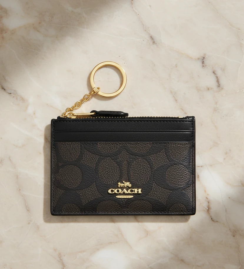 COACH SKINNY CARD CASE WITH KEY RING - SIGNATURE BROWN BLACK