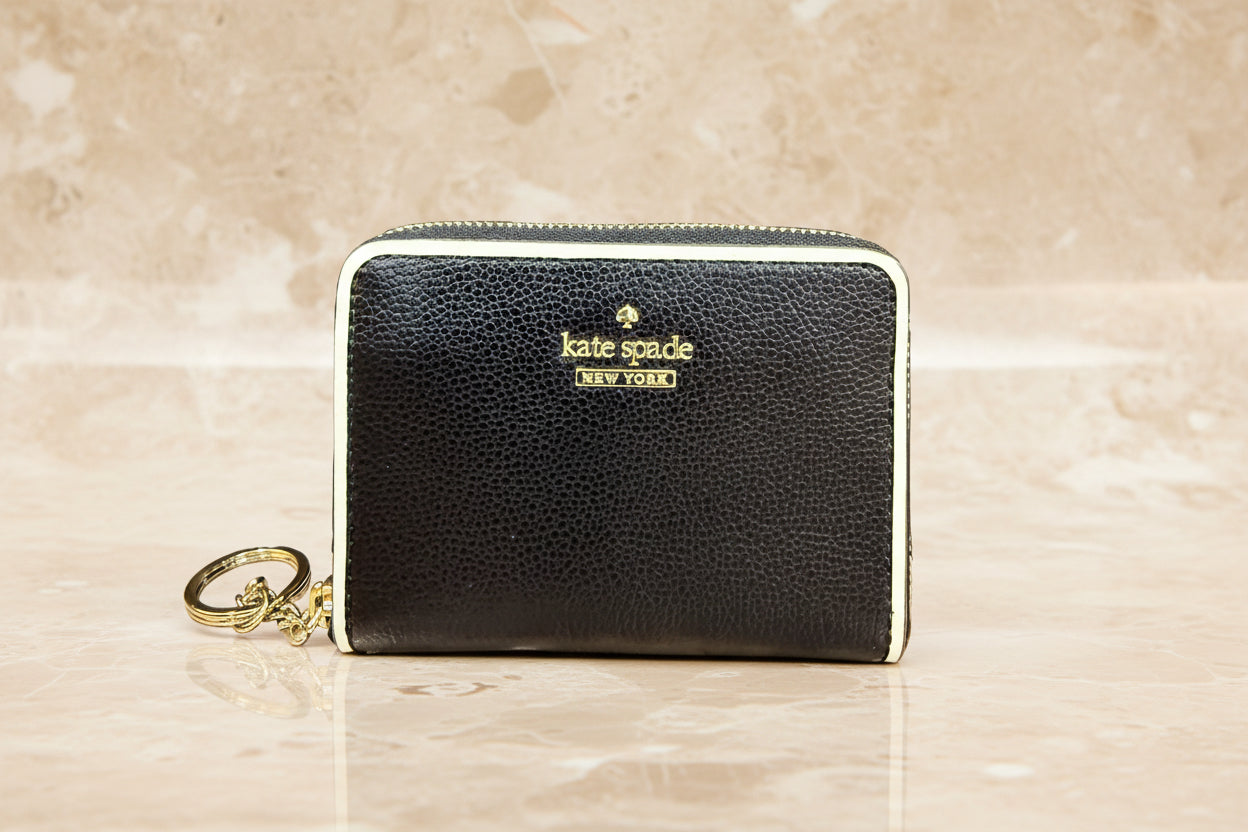 Kate Spade Wallet Black Pebbled & White Trim Key Chain Dani Patterson Drive