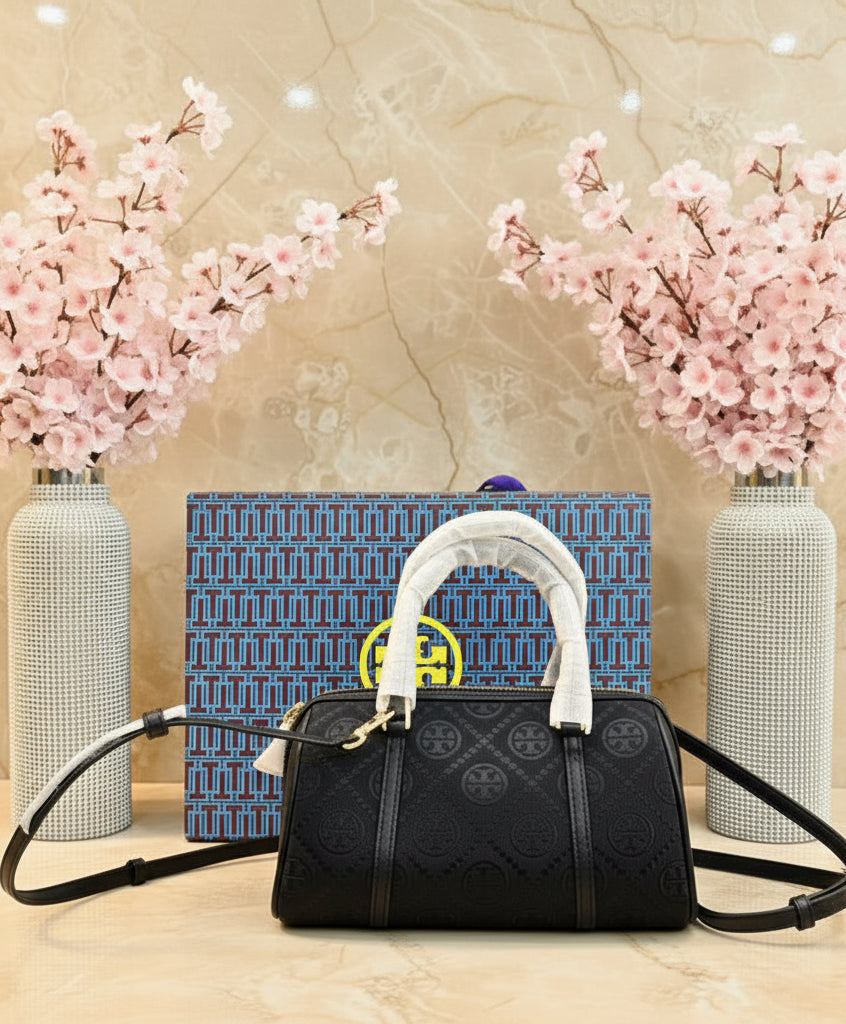 TORY BURCH PETITE JACQUARD T MONOGRAM BARREL - BLACK