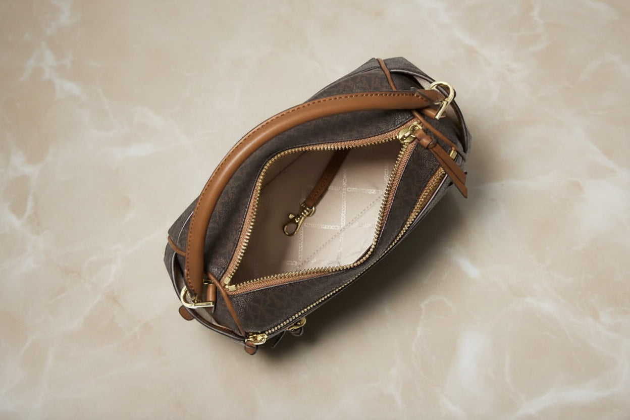 MICHAEL KORS LORIMER SATCHEL IN SIGNATURE BROWN ACORN - MEDIUM ( FROM BOUTIQUE STORE )