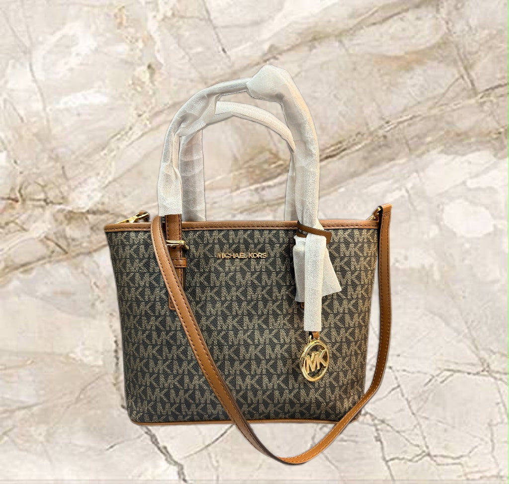 MICHAEL KORS XS JET SET CARRYALL TRAVEL ZIP TOTE - BLACK - BROWN MULTI WITH A TOUCH OF METTALIC GOLD