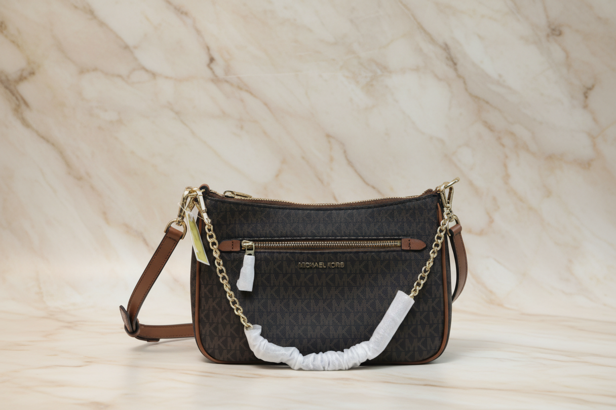 MICHAEL KORS JET SET LOGO CHAIN CROSSBODY SMALL IN SIGNATURE BROWN