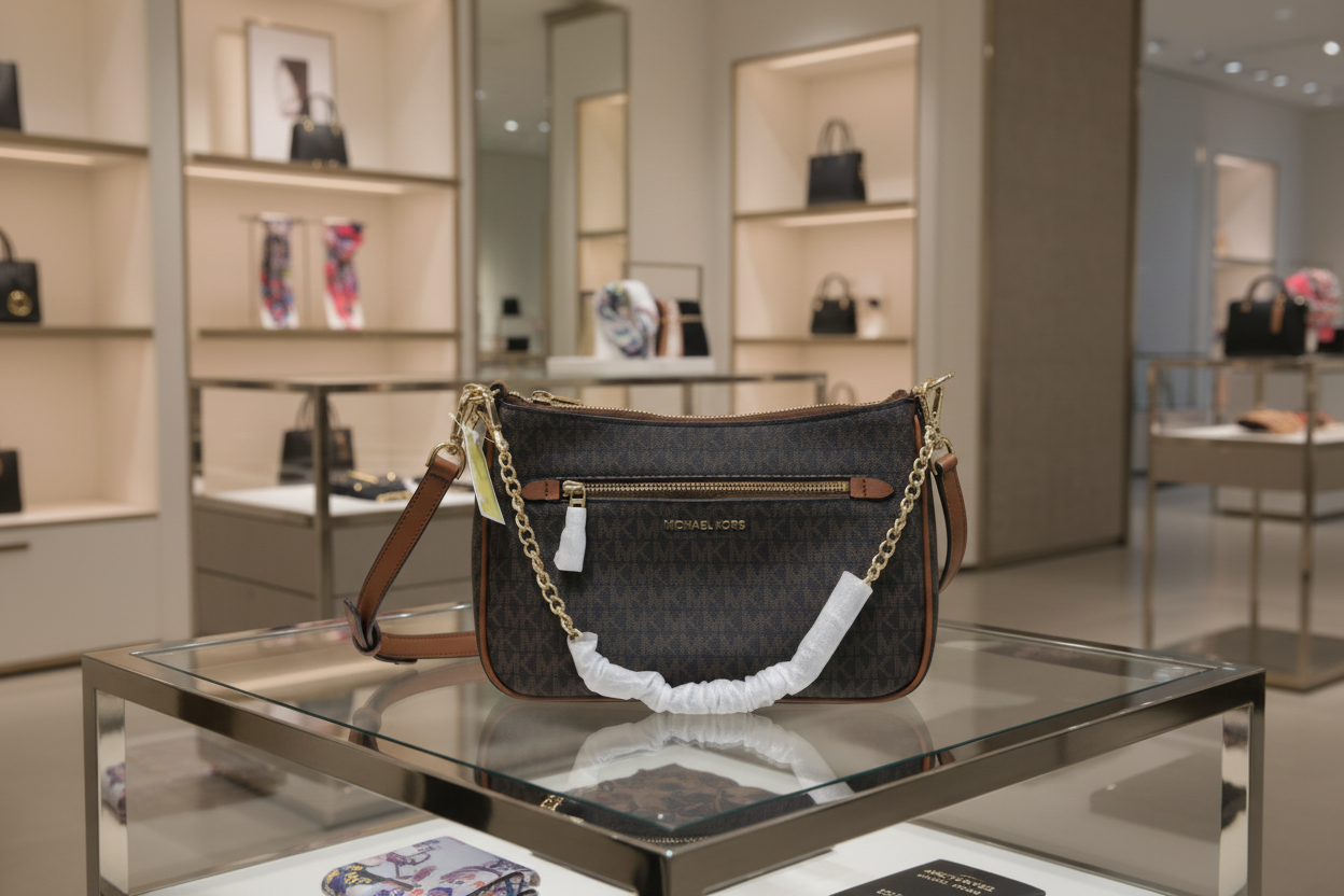 MICHAEL KORS JET SET LOGO CHAIN CROSSBODY SMALL IN SIGNATURE BROWN