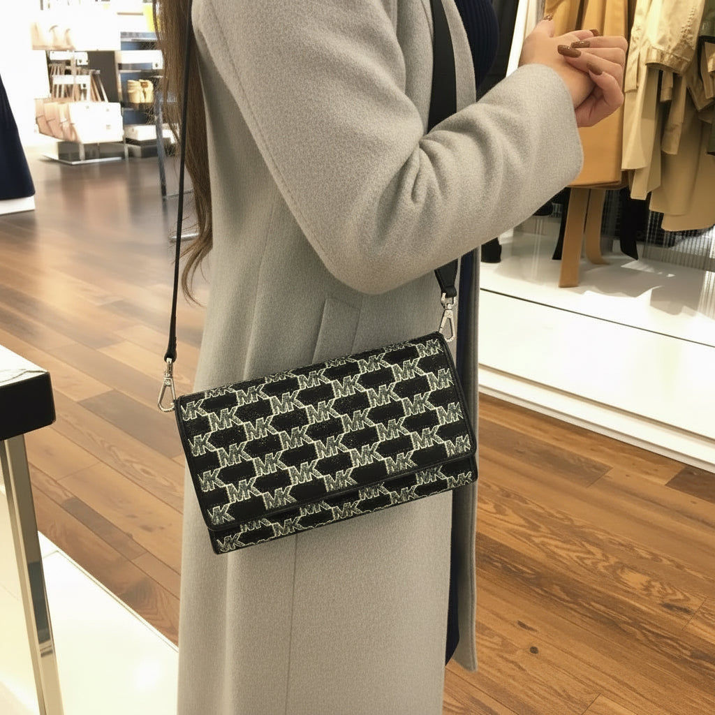 Michael Kors Jet Set Item Large Zip Around Wallet Crossbody Handbag Black Multi