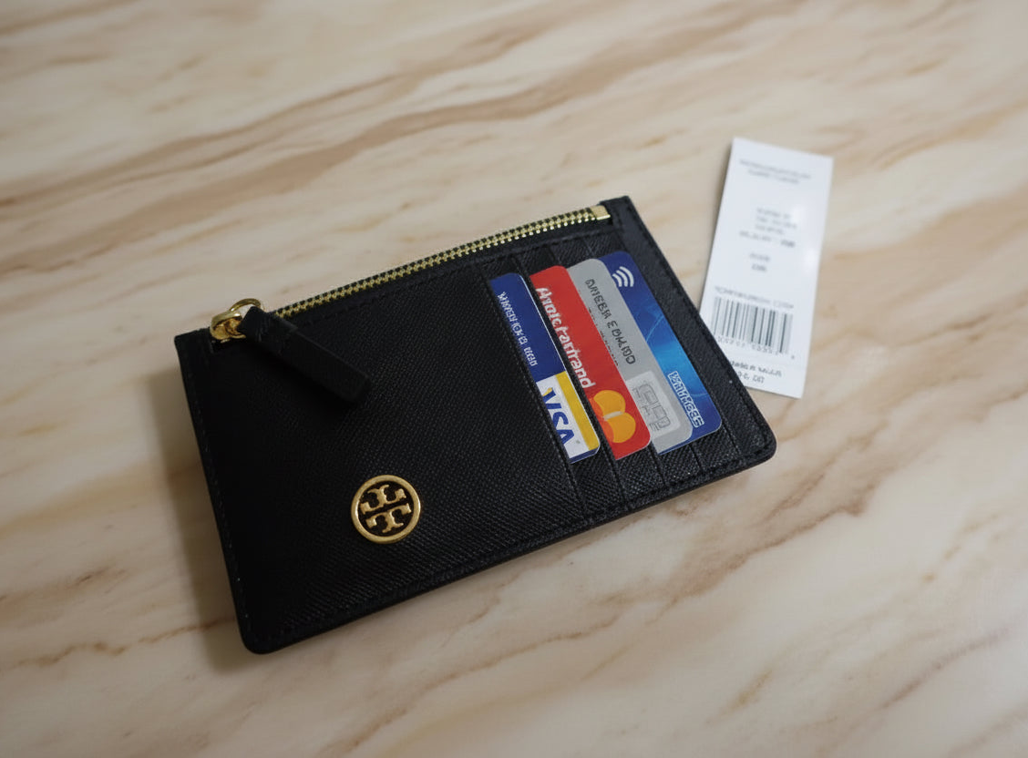 TORY BURCH ROBINSON SLIM LEATHER ZIP-TOP CARD CASE