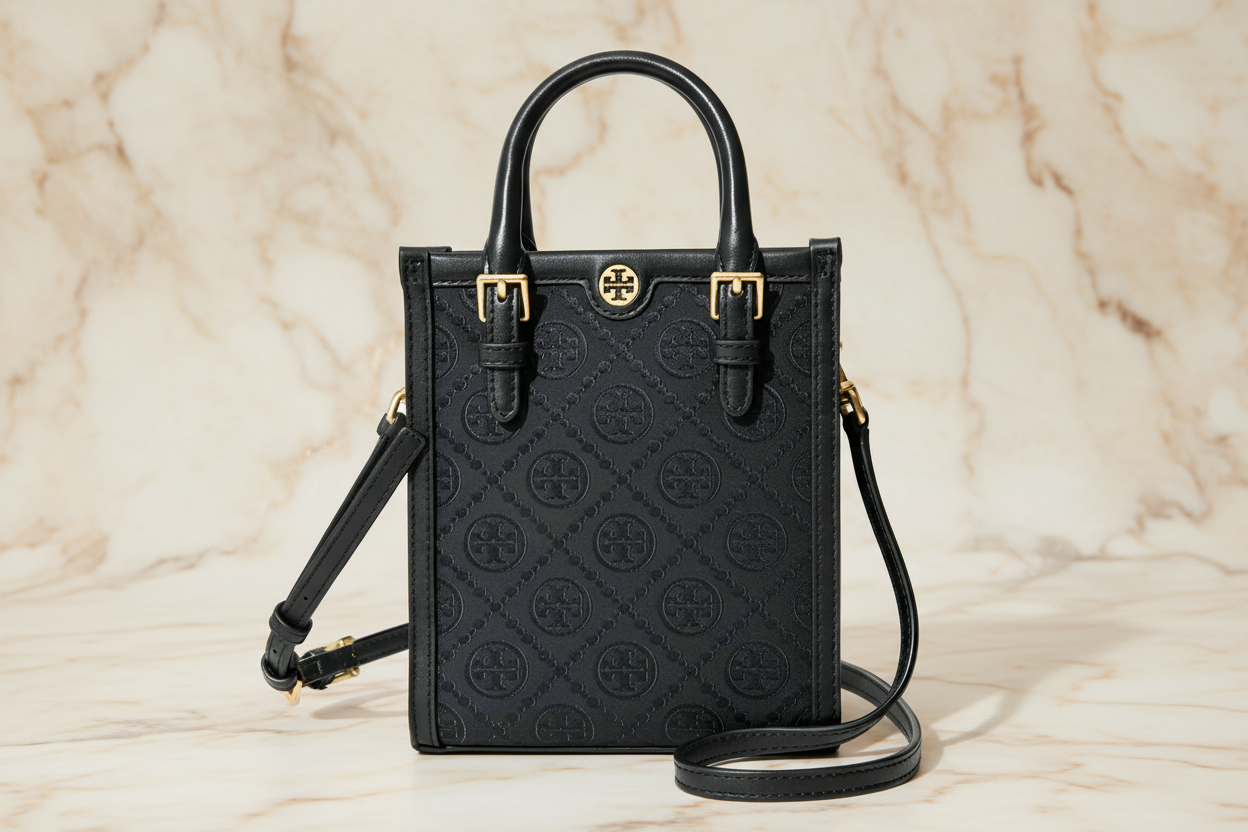 TORY BURCH MINI JACQUARD T MONOGRAM TOTE BLACK