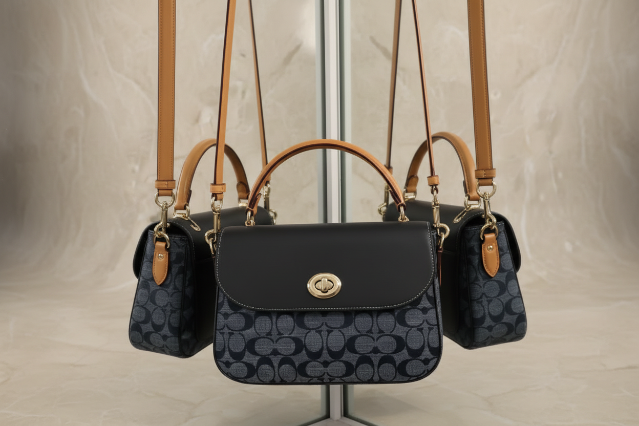 تخفيضات هائلة! حقيبة كوتش مارلي ذات المقبض العلوي من قماش شامبراي المميز (بدون بطاقة سعر)