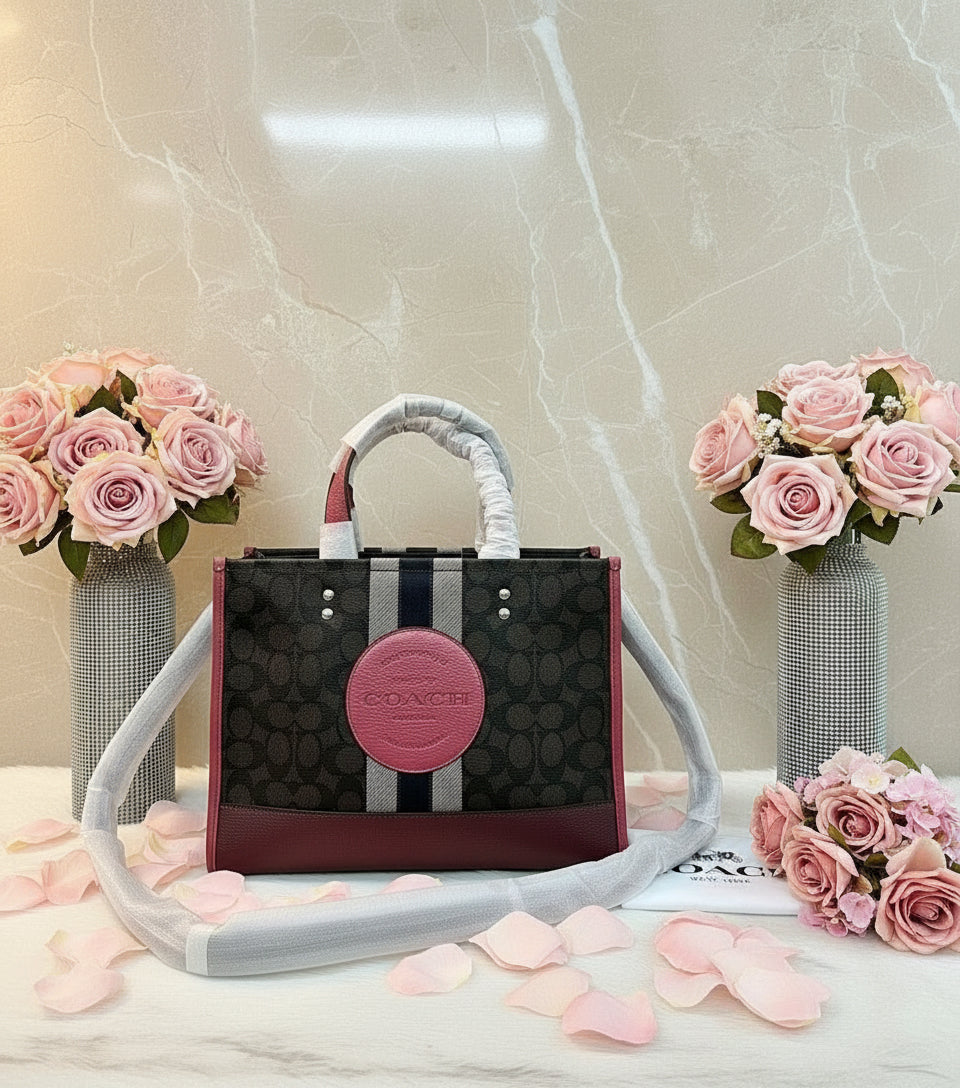 COACH DEMPSEY TOTE CARRYALL MEDIUM IN SIGNATURE JACQUARD CANVAS CENTER STRIPE STRAWBERRY HAZE